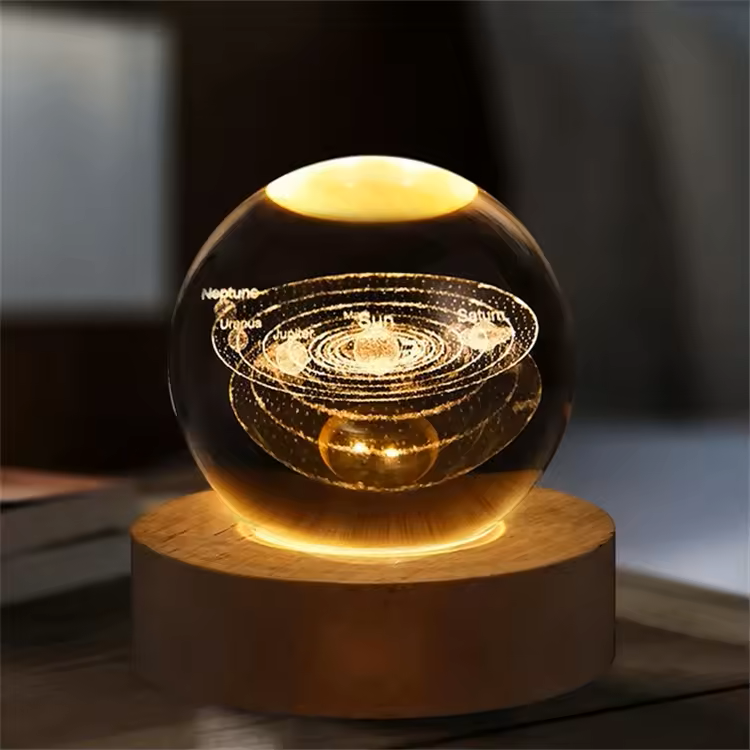 3D Crystal Ball LED Lamp with Engraved Solar System and Wooden Base