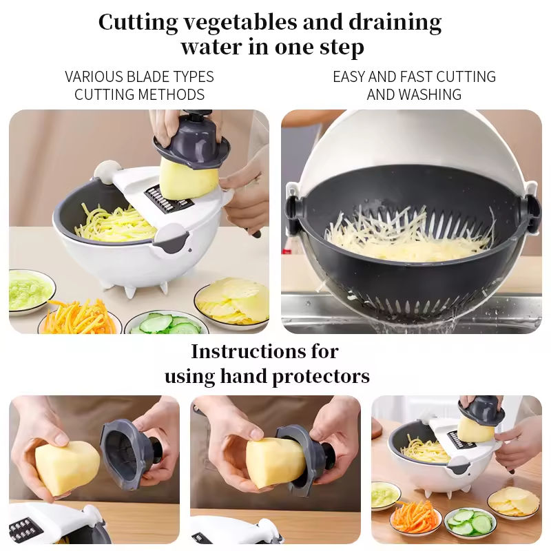 Multifunctional 9-in-1 Vegetable Cutter, Shredder, Portable Slicer, Grater with Drain Basket