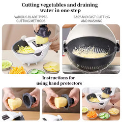 Multifunctional 9-in-1 Vegetable Cutter, Shredder, Portable Slicer, Grater with Drain Basket