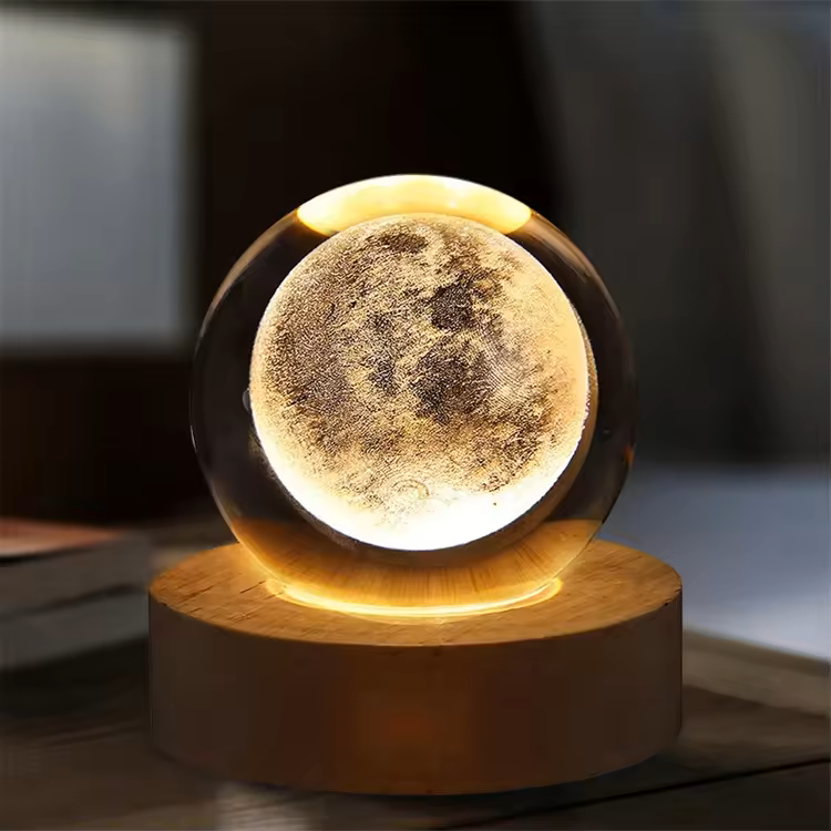 3D Crystal Ball LED Lamp with Engraved Solar System and Wooden Base